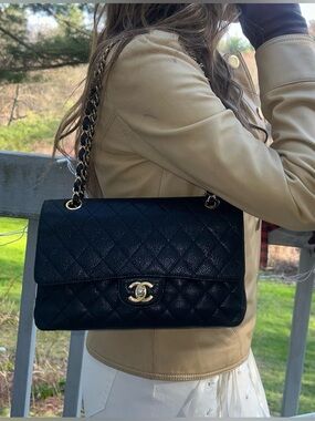 CHANEL Medium Classic Double Flap Caviar Quilted Handbag Black / 24K Gold